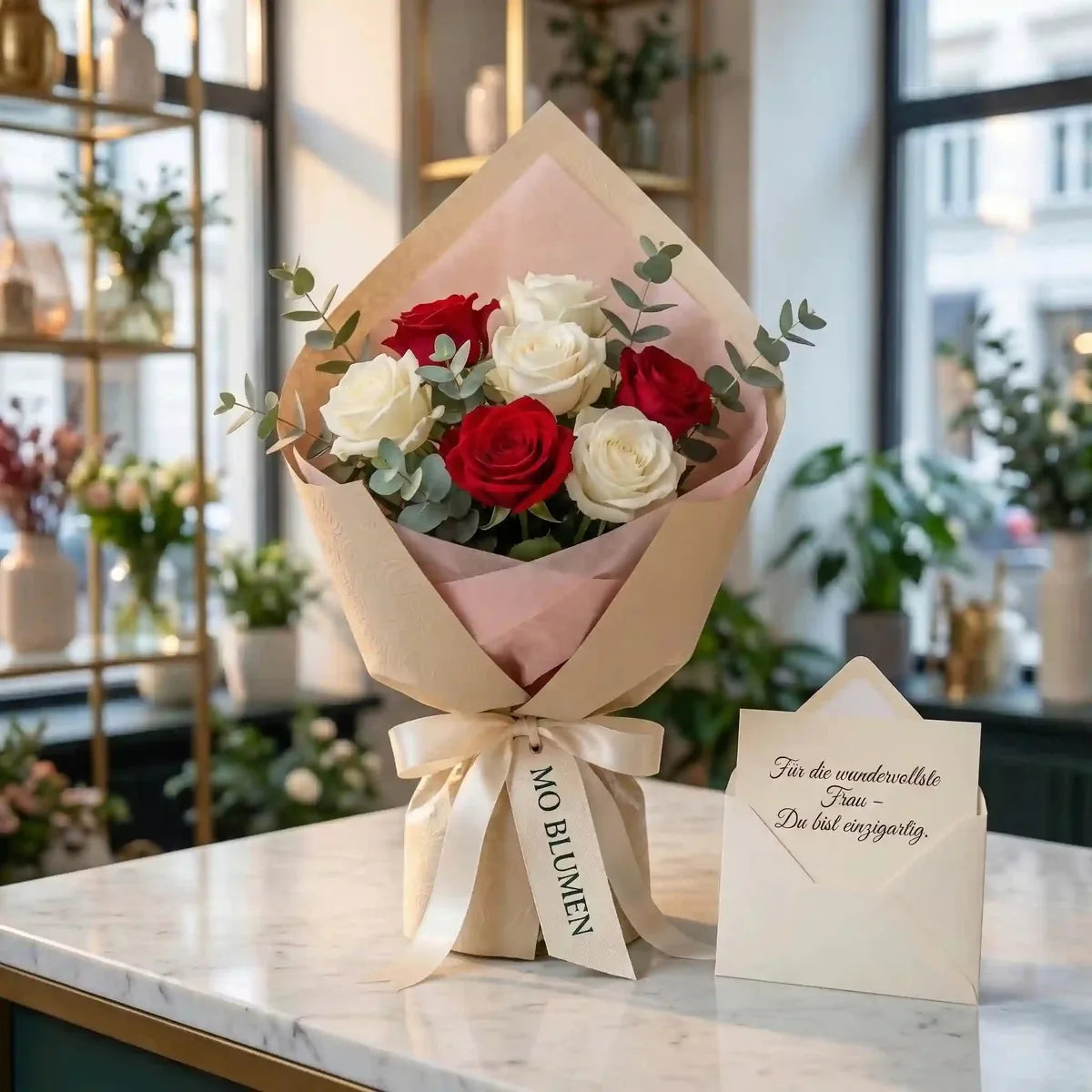 Eleganter Rosenstrauß von MO BLUMEN mit roten und weißen Rosen, in beige-rosa Papier mit Band und Grußkarte.